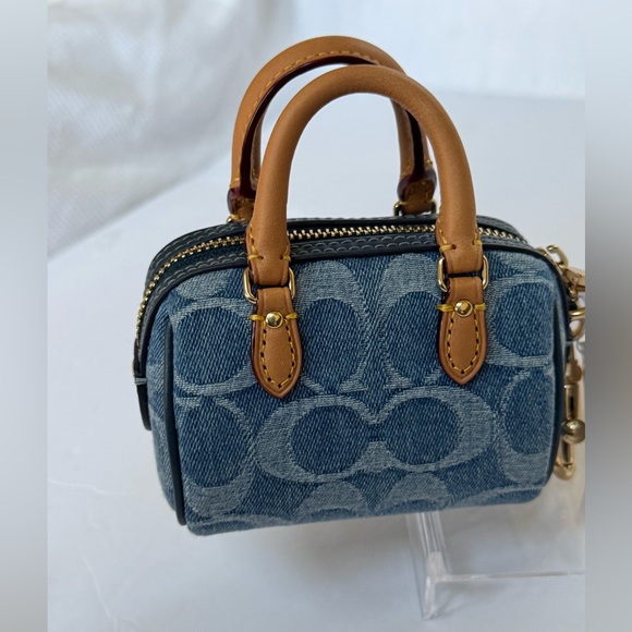 Coach Denim Blue Mini Bag Charm/Key chain  with Tan Leather handles NWT - Picture 4 of 9